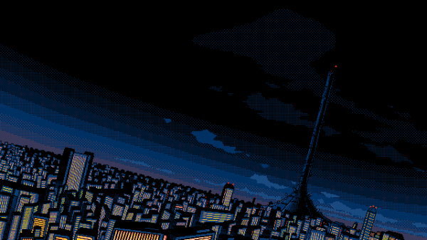 PC 98,pixel art,dark background,cityscape,digital art,Possessioner