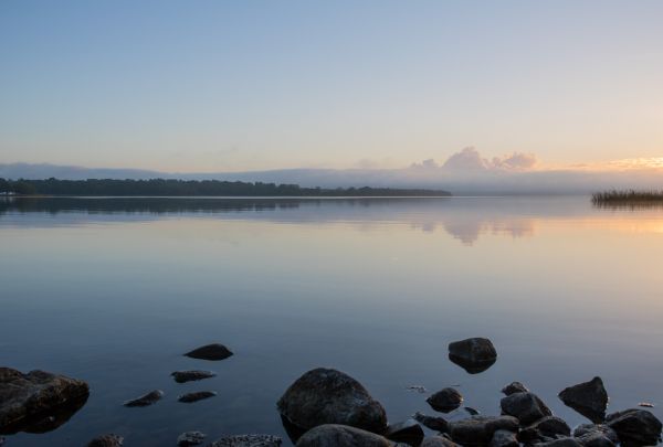 風景,日没,海,水,海岸,湖