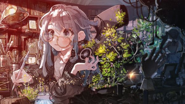 humour,Filles anime,Anime,écouteurs,les plantes,des lunettes