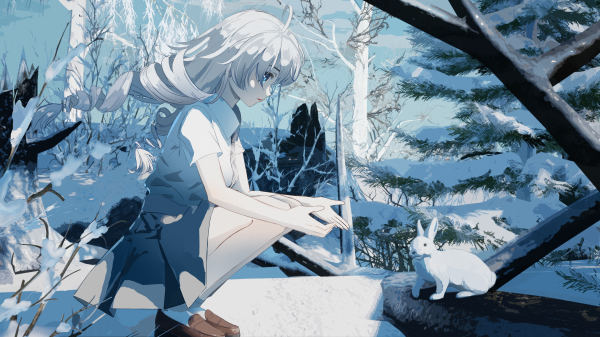 anime girls,anime,artwork,white hair,rabbits,winter