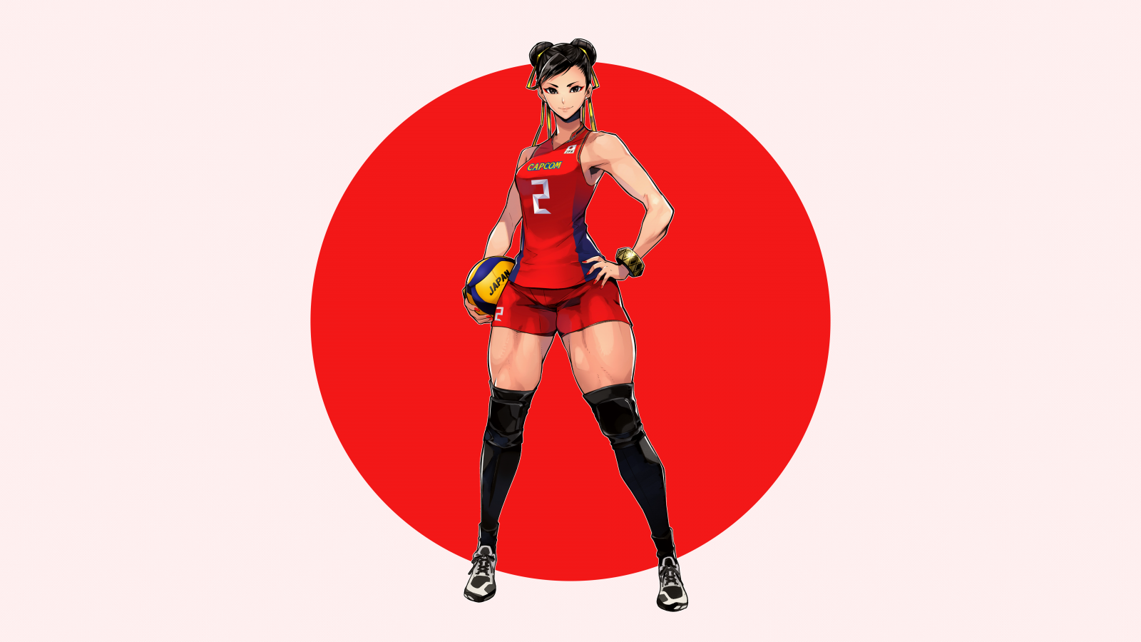 Chun Li, Street Fighter, volleyball, volleyball-spiller, Japan, japansk flag, sportstøj, shorts, korte shorts, tanktop, Bare skuldre, computerspil, video spil tegn, video spil piger, lår, thick thigh, red shirt, armbånd, armbind, twin buns, hår knold, Kigger på seeren, lår højder, black thigh highs, kondisko, hænderne på hofterne, bold, armhulerne, muskuløs, Enkel baggrund, numre, ørering, makeup, sort hår, mørkt hår, bånd, Capcom, Malede negle, røde negle, knæ beskyttere, atleter, athletic female