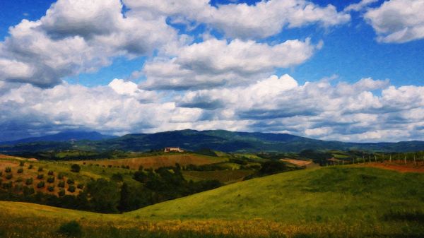 landskap, Italien, kulle, gräs, himmel, natur