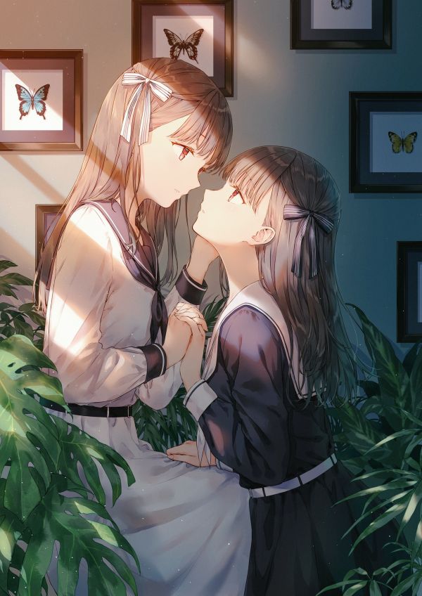 Anime,Anime girls,profil,kelebek,Bitkiler,two women