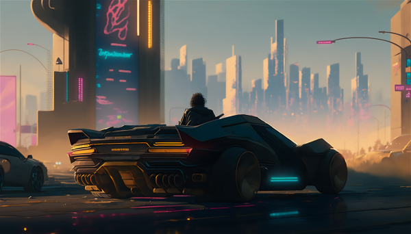 ai art,cyberpunk,city,sports car,illustration,post apocalypse