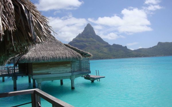 Bora Bora,Zatoka,bungalow,Chata,Góry,niebieska woda