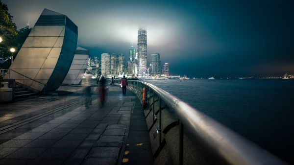 海, 市, 都市风景, 晚, 建筑, 中国