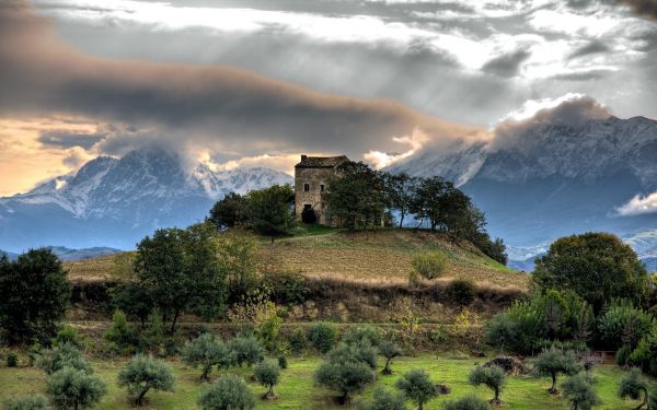 luz de sol, Árboles, paisaje, mar, arquitectura, colina