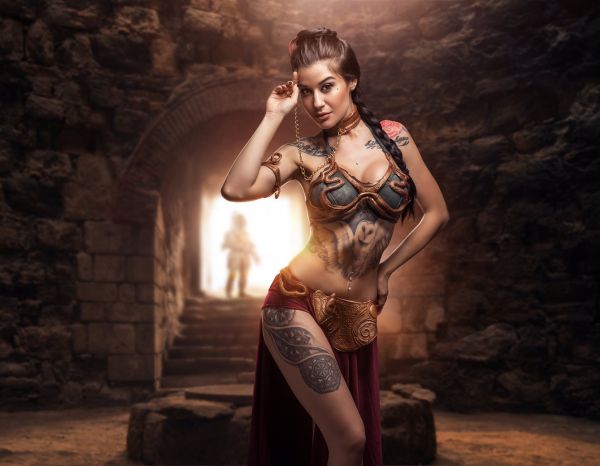 ženy,model,bruneta,dlouhé vlasy,cosplay,Otrok Leia bikini