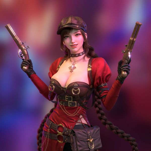 Cifangyi,CGI,femmes,chapeau,brunette,arme