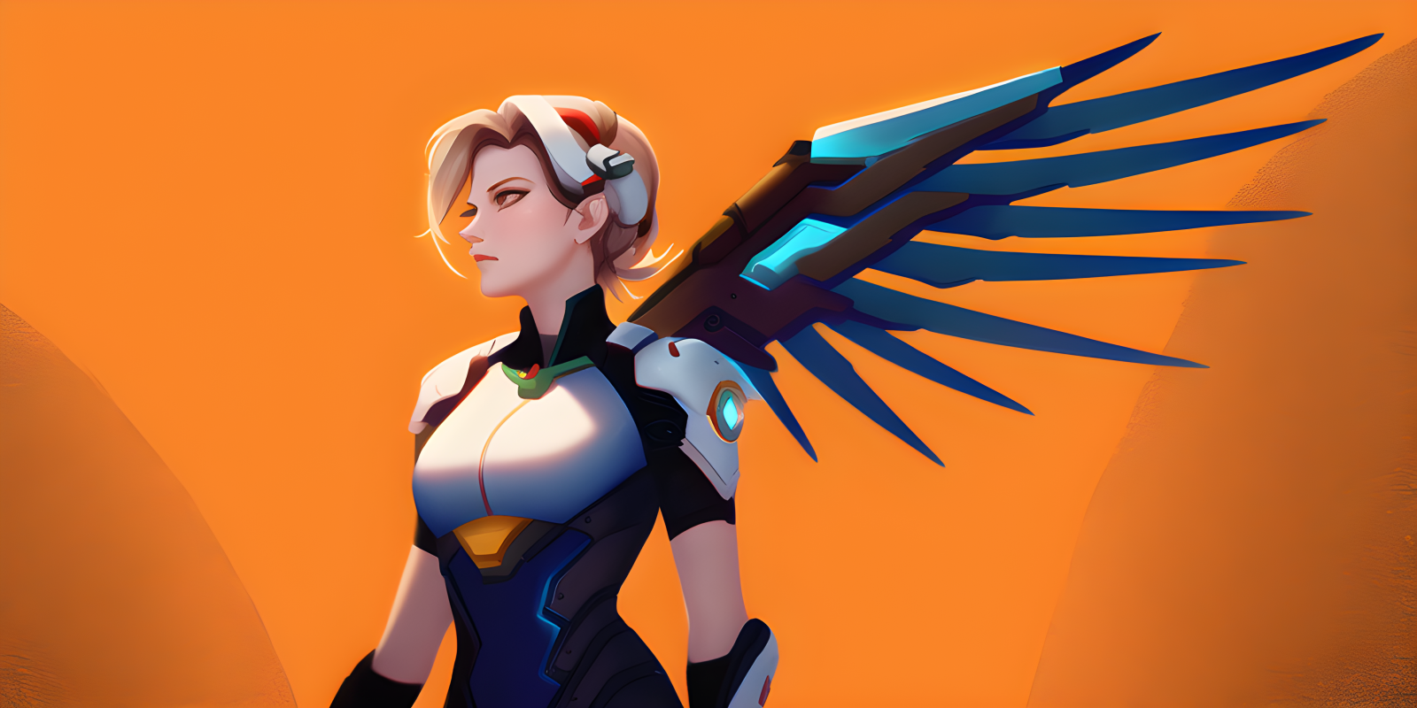 Mercy Overwatch, พื้นหลังสีส้ม, พื้นหลังที่เรียบง่าย, plain background, สีบลอนด์, ปีก