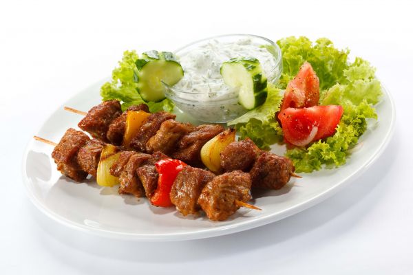 food,tomatoes,white background,meat,salad,cucumbers