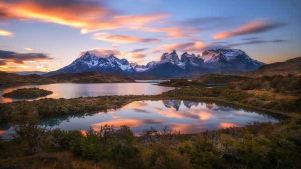 des arbres, paysage, Montagnes, le coucher du soleil, Lac, eau