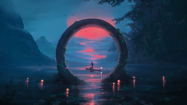 자연,Aenami,삽화,디지털 아트,강,보트