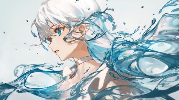 anime,anime girls,long hair,waves,blonde,aqua eyes