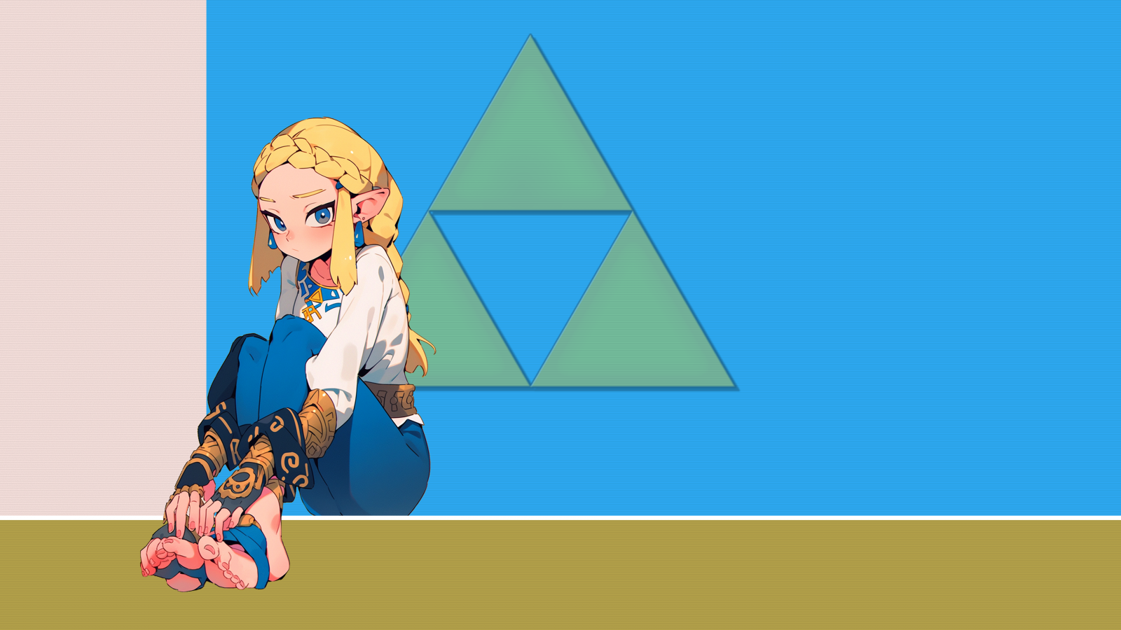 Zelda, Ο θρύλος της αναπνοής της άγριας φύσης Zelda, Ο θρύλος του Zelda, πλεξούδες, Braided hair, ξανθιά, βιντεοπαιχνίδια, Nintendo, γάντια, γάντια χωρίς δάχτυλα, μακριά μαλλιά, μπλε μάτια, κοιτάζοντας θεατή, ντροπαλός, toeless legwear, ξυπόλυτος, πόδια, δάχτυλα των ποδιών, παντελόνι, μπλε παντελόνι, λευκή μπλούζα, λευκά ρούχα, long sleeves, pointy ears, σκουλαρίκι, μακρύ πουκάμισο, ζώνη, τους μηρούς, thighs together, touching feet, συνεδρίαση, κορίτσια video game, Triforce