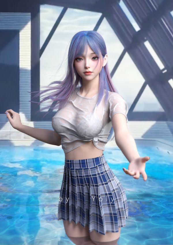 3D,CG,Chica de fantasía,agua,in water,Ropa mojada