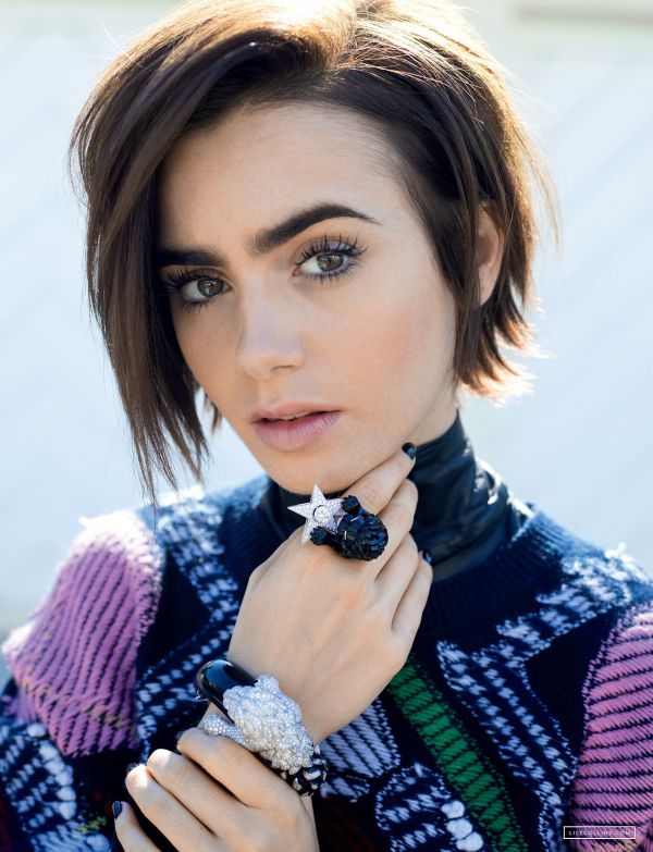 Lily Collins,nők,színésznő,modell,barna,rövid haj