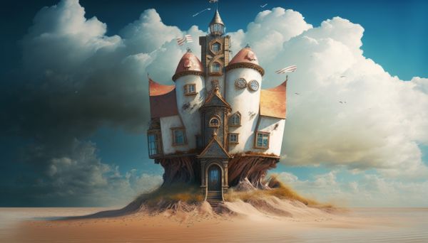 clouds,castle,illustration,ai art,beach,surreal