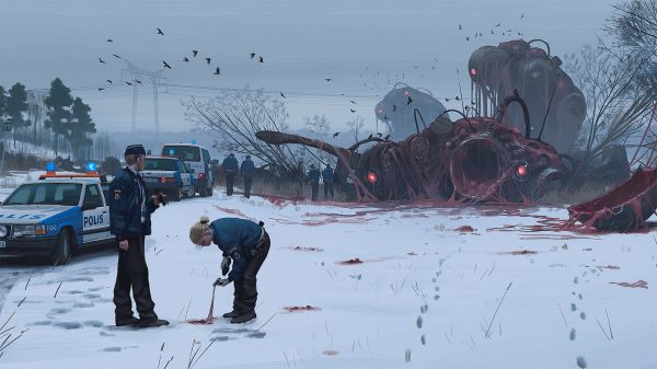 digitální umění,Simon Stalenhag,policie,policejní auta