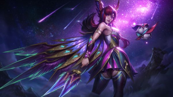 rajz,Eunice Ye,Xayah League of Legends,szárnyak,csillagok,Video Game Art