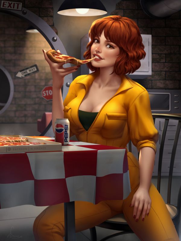 April O Neil TMNT,Teenage Mutant Ninja Turtles,fictional character,redhead,pizza,cleavage