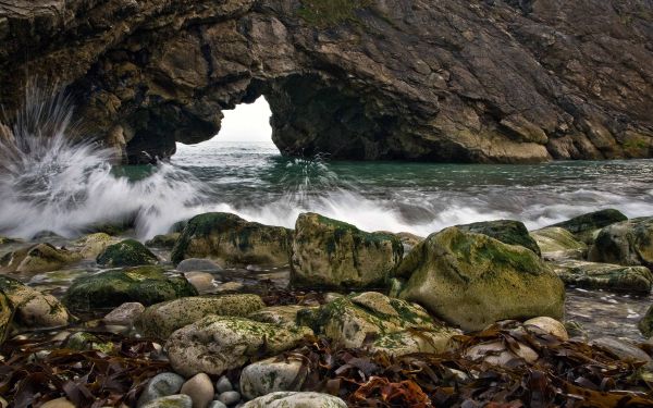 stones,splashes,arch,crack,rocks,algas