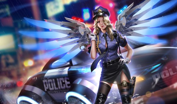 Liang Xing,Mercy Overwatch,ženy,policie,digitální umění,vozidlo