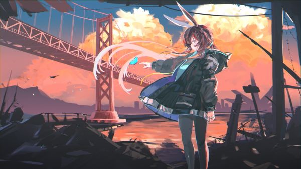 anime girls,Arknights,Amiya Arknights,bridge,ruins,Golden Gate Bridge