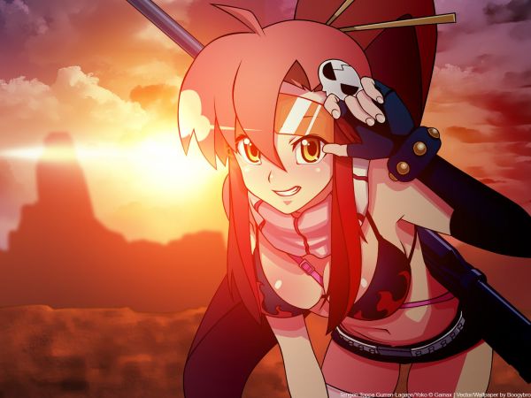 zonsondergang,anime,animemeisjes,illustratie,geweer,redhead