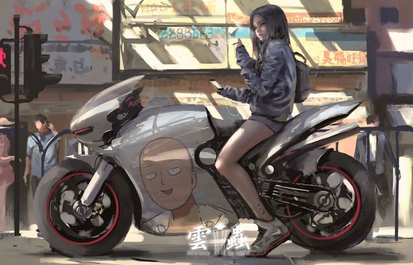 motorcykel, Anime piger, bil, køretøj, WLOP, solo