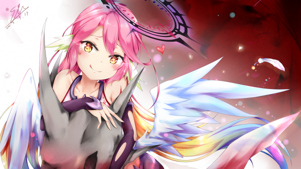 Jibril,No Game No Life,animals,blushing,feathers,long hair