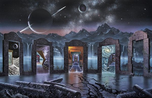 portals,space,science fiction,planet,stars,mountains