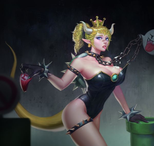 Bowsette,spaltning,blond,krone,kurvet,blå øjne