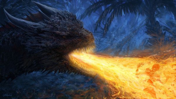 dragon,fire,creature,burning,horns,fantasy art