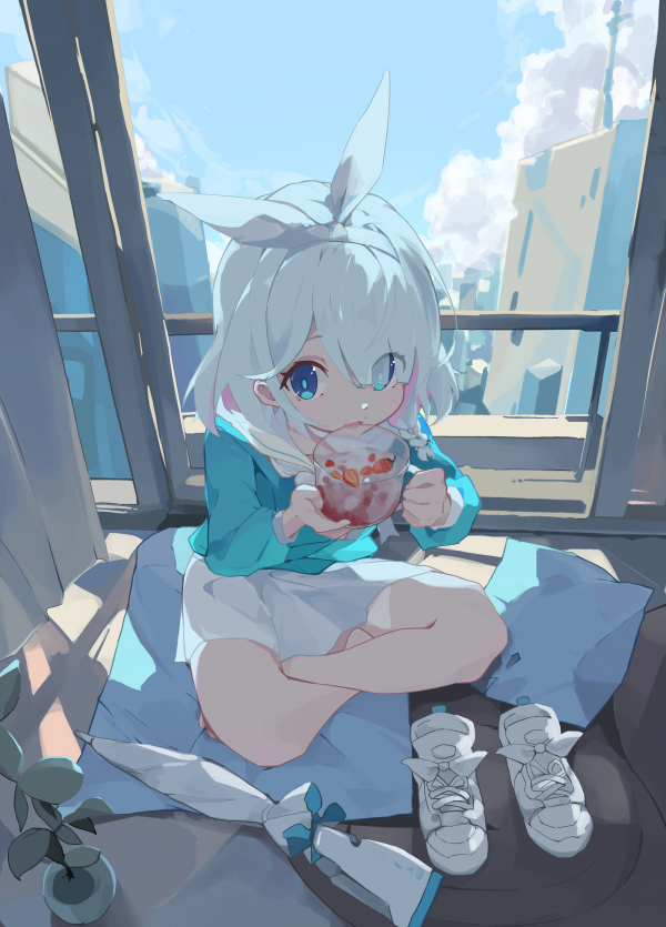 anime girls eating,portré kijelző,blue archive,kék szemek,rövid haj,arona blue archive