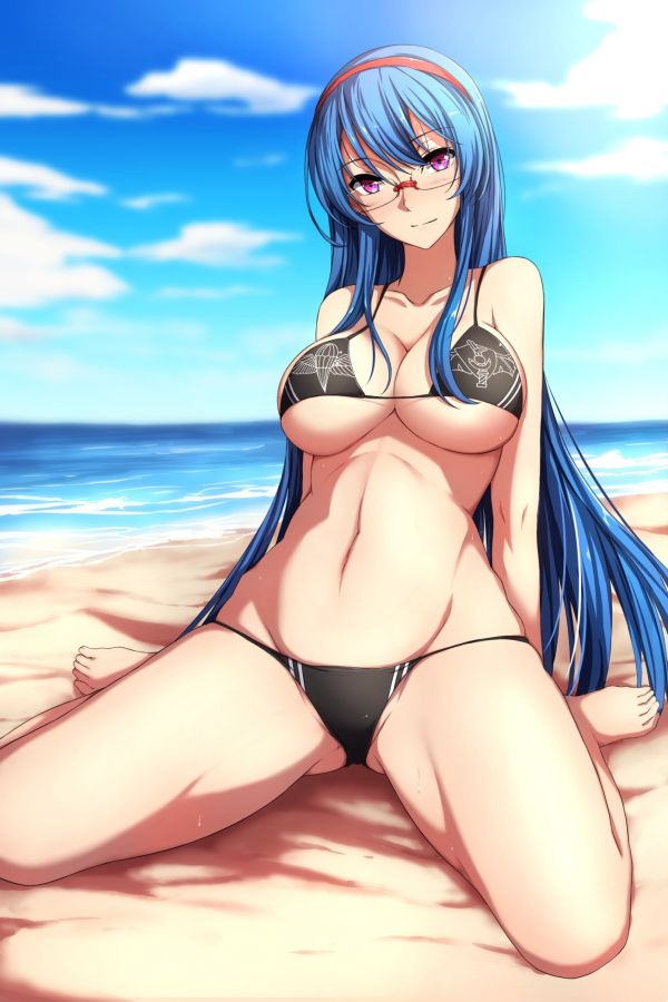 Meer, lange Haare, Anime, Anime Mädchen, Blaue Haare, Brille