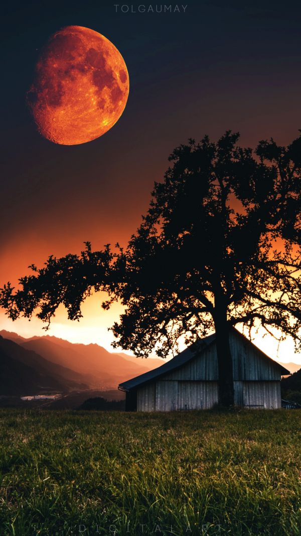 Bloedmaan, landschap, natuur, huis, TolgaUmay, telefoon