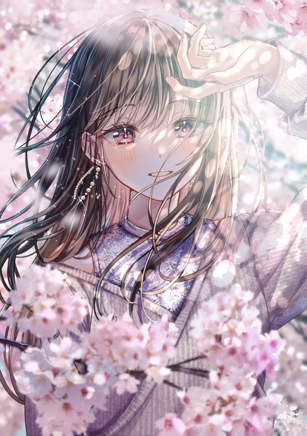 Flor de cerejeira,Sakura artist,vertical,Meninas anime,morena,cabelo longo