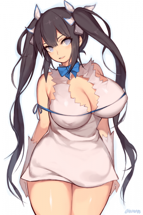 anime girls,cleavage,twintails,Mukka,Hestia,Dungeon ni Deai wo Motomeru no wa Machigatteiru Darou ka