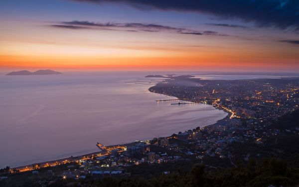 Hoàng hôn, biển, Thành phố, Ánh sáng mặt trời, Đèn, Bay