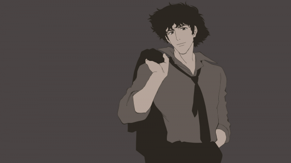 anime men,Простой фон,Ковбой Бибоп,Spike Spiegel,Коричневый фон,Руки в карманах