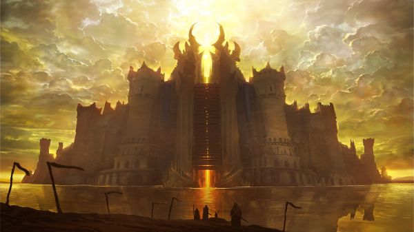 fantasy art,Noah Bradley,temple,sunlight,reflection,evening