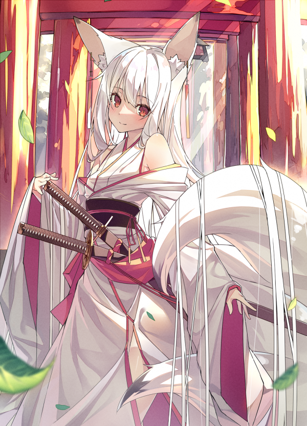 Filles anime, cheveux blancs, Fille renard, les yeux rouges, Fox ears, épée