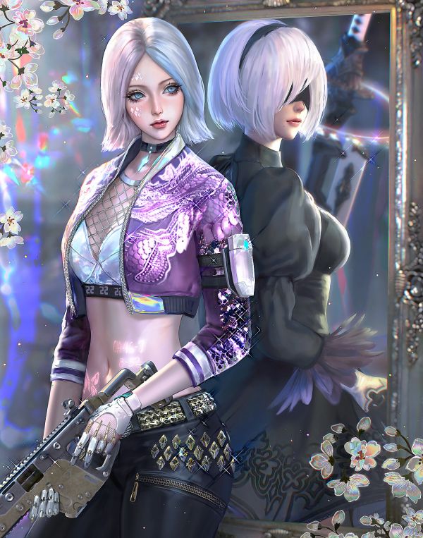 çizim, Kadınlar, Nier Automata, 2B Nier Automata, Serafleur, two women