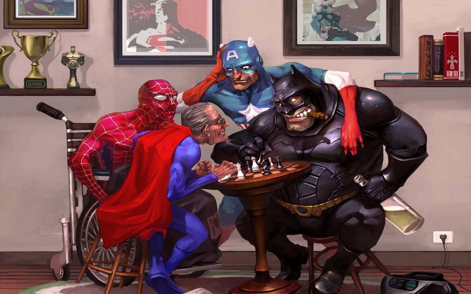 Batman, Captain America, Spider Man, comics, Superman, chess, screenshot, action figure