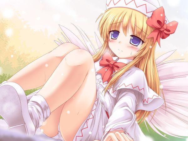 blonde,anime,white dress,Touhou,cartoon,red ribbon