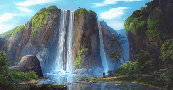 Max Suleimanov,tropical,waterfall,digital art,palm trees,landscape