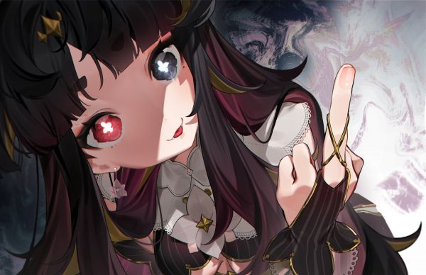 ngón giữa,Anime cô gái,Heterochromia,tongue out,Nanh,Rana Ianna