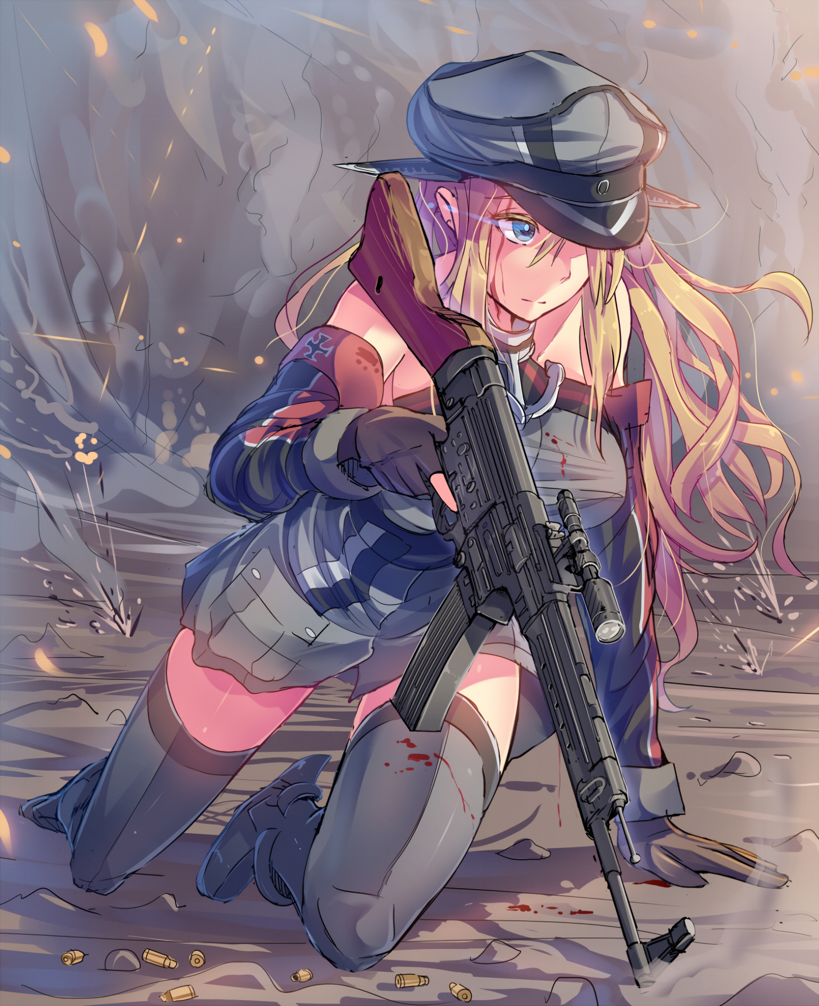 аниме, аниме момичета, Kantai Collection, Бисмарк KanColle, StG 44, чорапи, дълга коса, Рус, сини очи, пистолет, оръжие