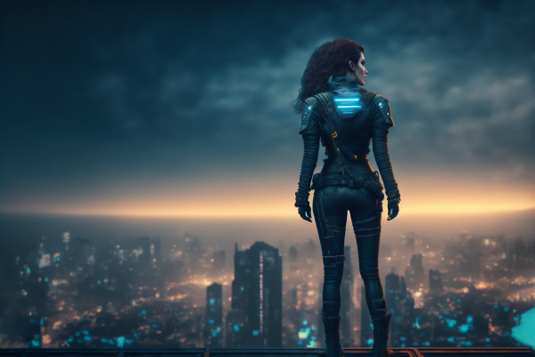 ai art, illustratie, cyberpunk, stad, vrouw, rooftopping